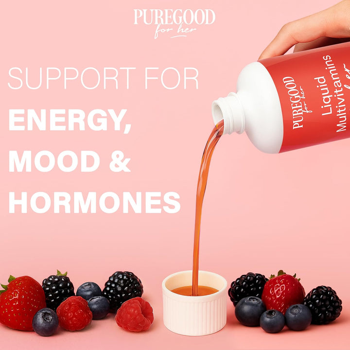 Liquid Womens Multivitamin, Hair, Nails, and Skin Liquid Vitamins Formula with Zinc, Folate, Biotin, A C D E Vitamins and Minerals, 32 oz Sugar Free, Mixed Berry Flavor