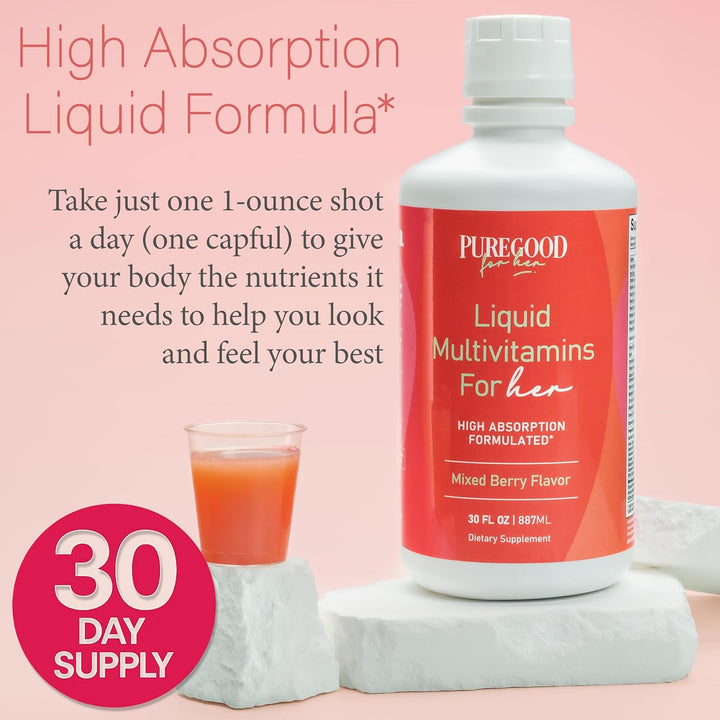 Liquid Womens Multivitamin, Hair, Nails, and Skin Liquid Vitamins Formula with Zinc, Folate, Biotin, A C D E Vitamins and Minerals, 32 oz Sugar Free, Mixed Berry Flavor