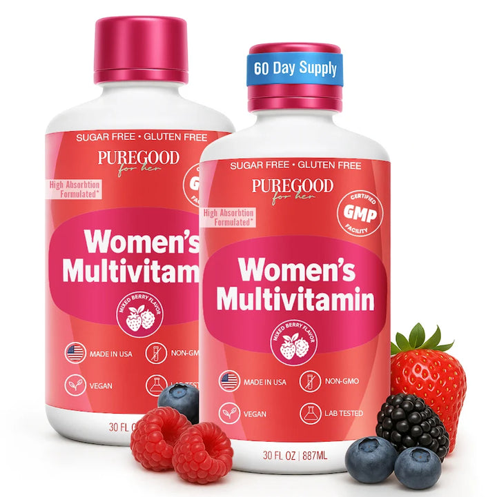 Liquid Womens Multivitamin, Hair, Nails, and Skin Liquid Vitamins Formula with Zinc, Folate, Biotin, A C D E Vitamins and Minerals, 32 oz Sugar Free, Mixed Berry Flavor